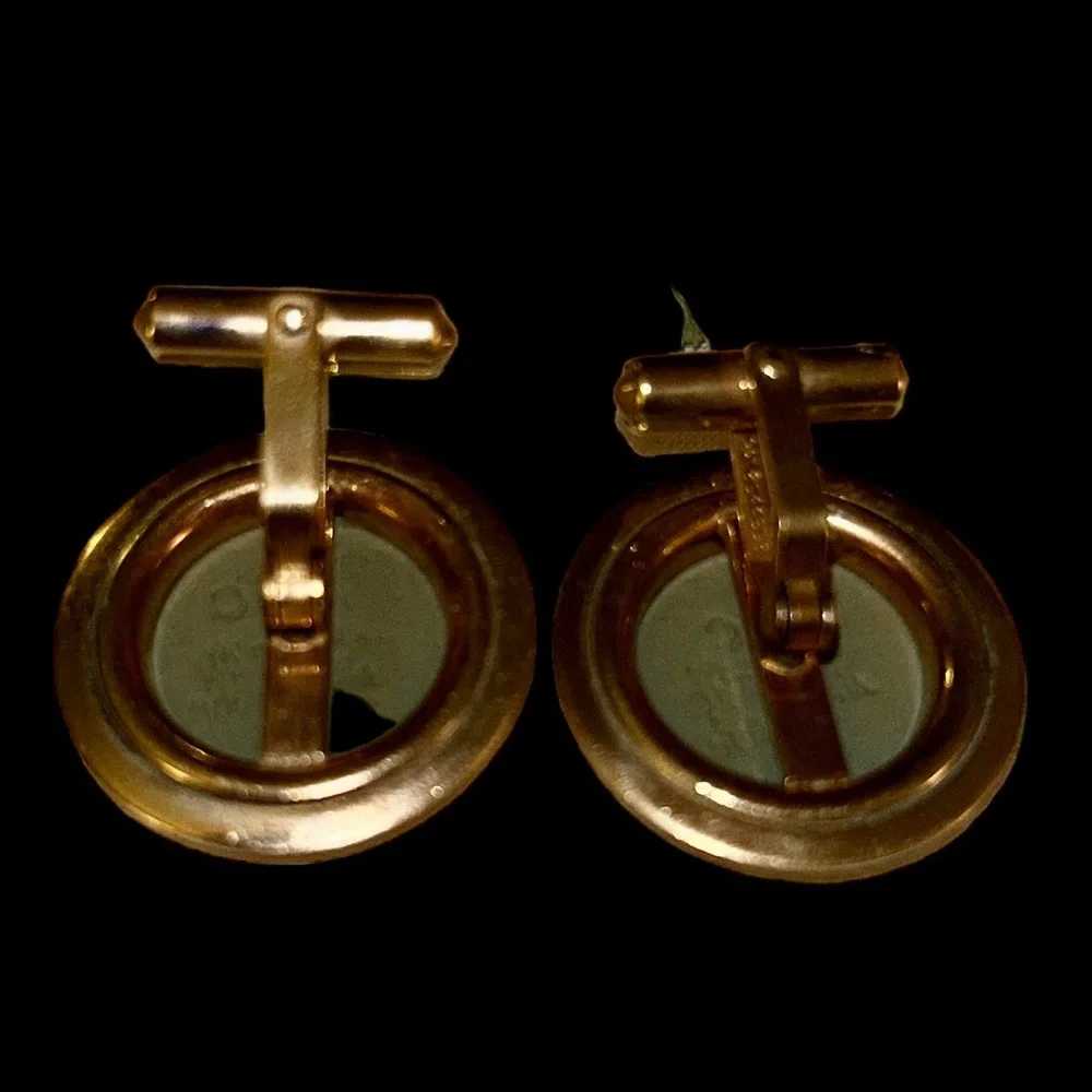 Vintage Cuff Links With Bald Eagle Insignia Green/Gold Tone Metal